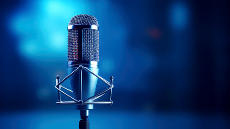 Microphone on a stand against a blue background. 3d renderingの素材