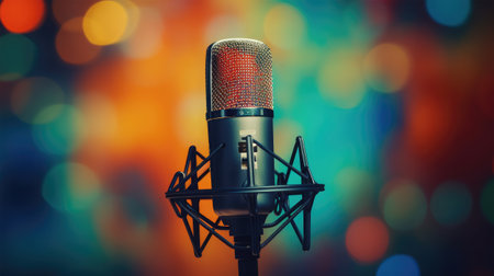Microphone on stage with colorful bokeh background, vintage styleの素材