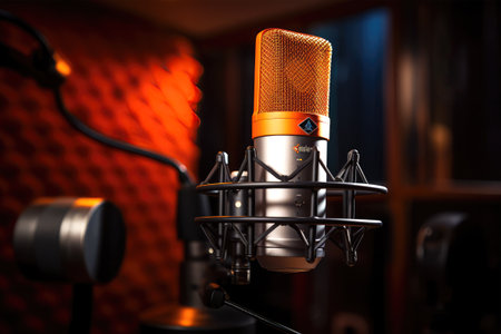 Professional microphone on stand in recording studio, close-up. Professional studio equipment.の素材