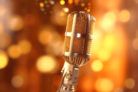 Vintage microphone on bokeh background, close-up viewの素材