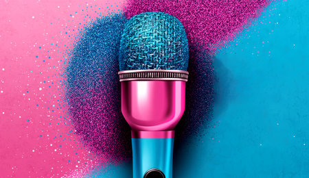Microphone on a pink background with splashes of paint. 3d renderingの素材