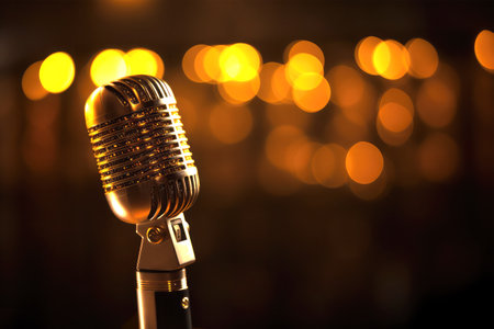 Vintage microphone on stage with bokeh background, closeupの素材