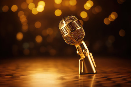 Audio recording studio microphone on stage. Golden bokeh background.の素材