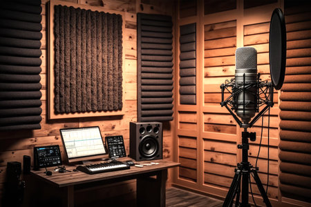 Vintage recording studio with microphone and sound equipment. 3d renderingの素材