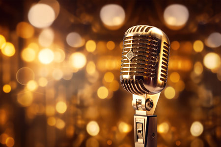 Retro microphone on stage with lights and bokeh background.の素材