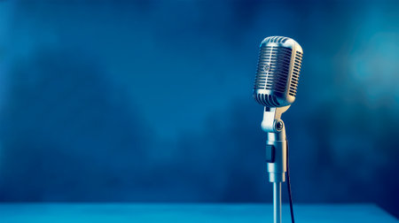 Vintage microphone on a blue background. Copy space for text.の素材