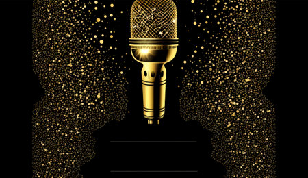 Microphone on a black background with gold particles. Vector illustration.の素材