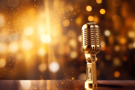 Retro microphone on stage with bokeh background. Music conceptの素材