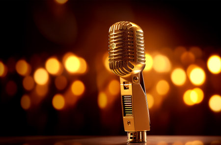 Retro microphone on stage with bokeh background. 3d renderingの素材
