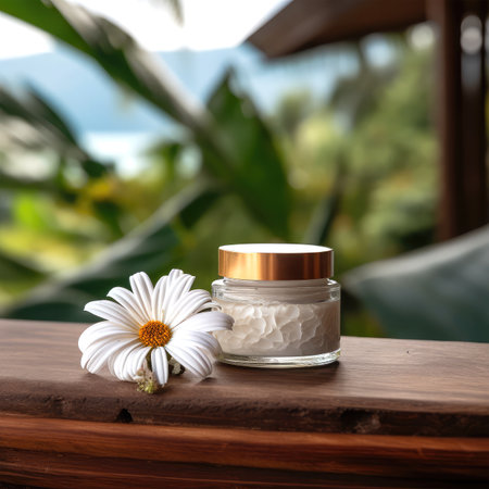 Jar of moisturizing cream with camomile flower on wooden tableの素材