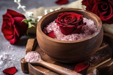 Spa still life with rose petals, sea salt and rose flowers on stone background.の素材