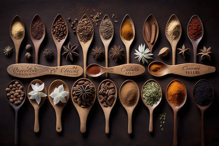 Spices and herbs in wooden spoons on a dark background.の素材