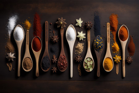 Spices and herbs in wooden spoons on dark wooden background.の素材