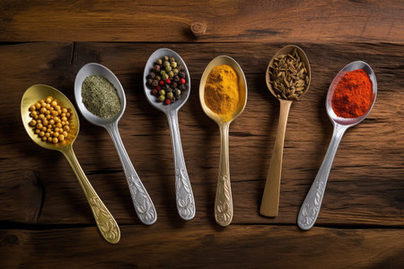 Spices and herbs in spoons on wooden background. Top viewの素材