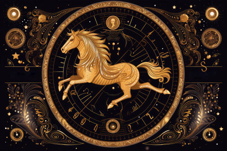 Zodiac sign Horoscope. Zodiacal horoscope circle with gold horse.の素材