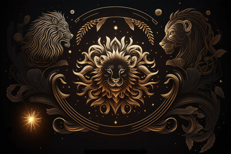 Lion head with golden ornament on black background.の素材