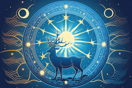 Deer and moon on the starry sky. Vector illustration.の素材