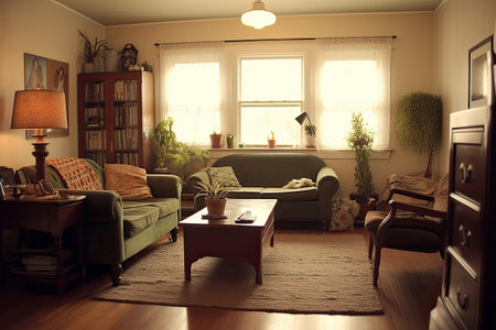 Interior of a living room with a green sofa and a coffee tableの素材