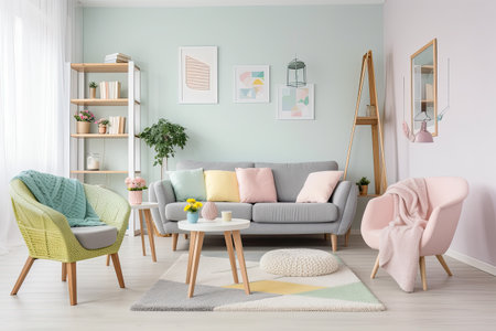 Interior of modern living room with sofa and armchairs, 3d renderの素材