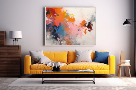 Interior of modern living room with yellow sofa, coffee table, lamp and painting on wallの素材