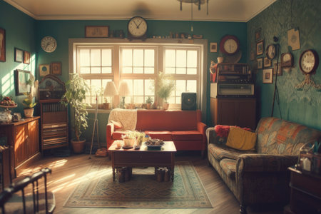 Vintage interior of living room with sofa, coffee table and clockの素材
