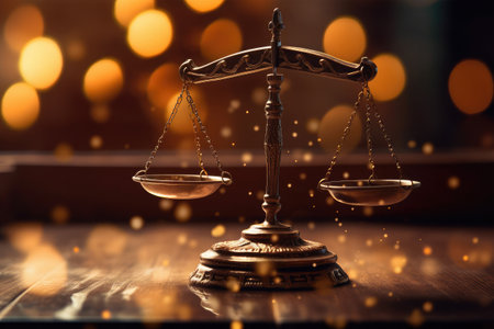 Law theme, mallet of judge, wooden desk with golden light bokeh backgroundの素材