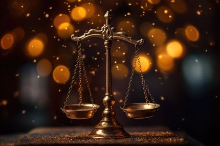 Law theme, mallet of judge or auctioneer with golden light bokeh backgroundの素材