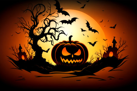 Halloween background with pumpkins and bats. Vector Illustration.の素材