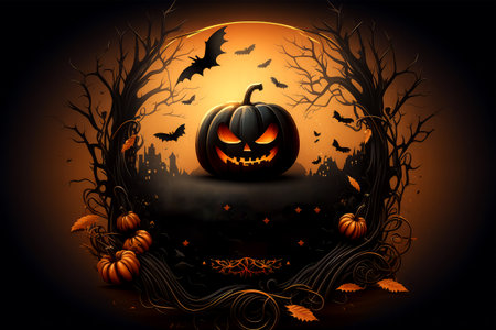 Halloween background with pumpkins, bats and trees. Vector illustration.の素材
