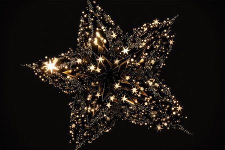 Black and gold christmas star with sparkles on a black backgroundの素材