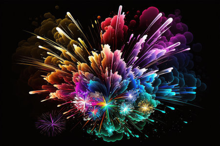 Colorful fireworks on black background. Computer generated 3D photo rendering.の素材