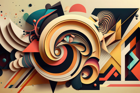 3d illustration of abstract geometric composition with colorful shapes in the centerの素材