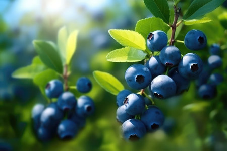 Ripe blueberries on a branch in the garden, close-upの素材
