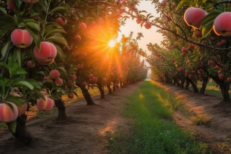 Peach orchard with ripe peaches in orchard at sunsetの素材