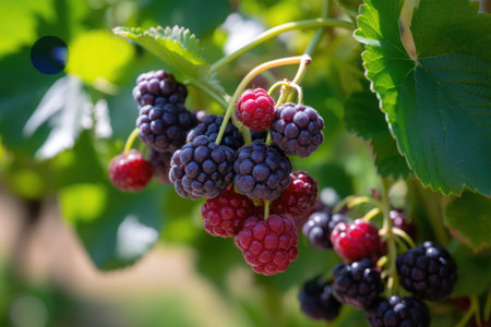 Blackberries and blackberries on a branch with leaves in the gardenの素材