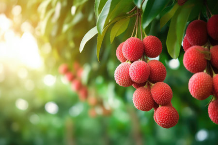 Ripe lychee fruits on tree in the orchard.の素材