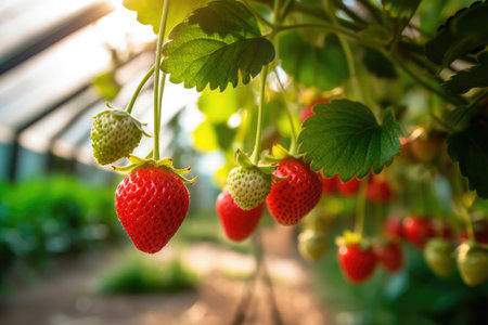 Ripe strawberries growing in a greenhouse. Selective focus. nature.の素材