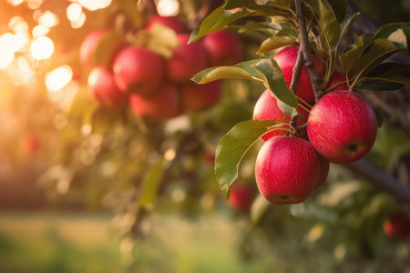Ripe red apples on a tree branch in an orchard.の素材