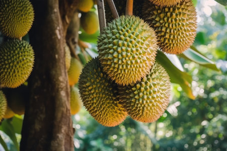 Fresh durian fruit on tree in Thailand. Durian is the king of fruit.の素材