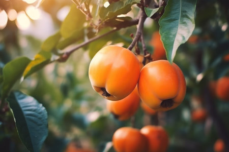 Ripe persimmon fruits on the tree. Selective focus.の素材