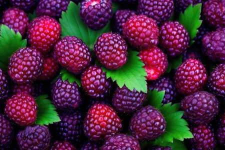 Raspberries and blackberries with green leaves close-up.の素材