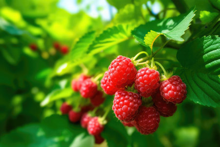 Ripe red raspberries on a branch in the garden.の素材