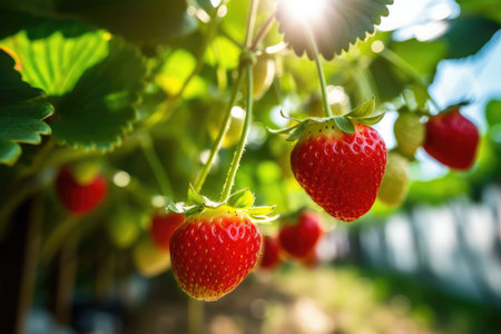 Strawberries ripening on a branch in a strawberry farm.の素材