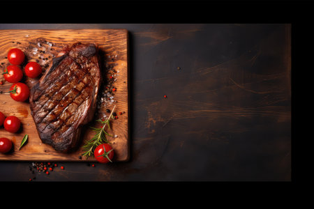 Grilled beef steak on a wooden board. Top view. Copy space.の素材