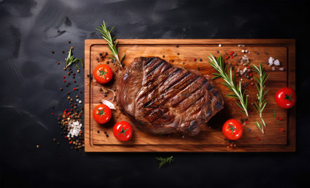 Grilled beef steak with rosemary and spices on a black backgroundの素材