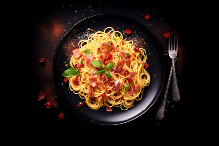 Spaghetti carbonara with parma ham and basil on black backgroundの素材