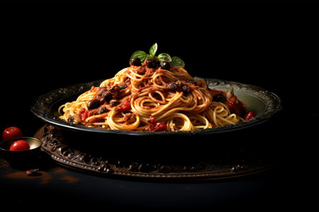 Spaghetti bolognese with tomato sauce and basil on black backgroundの素材