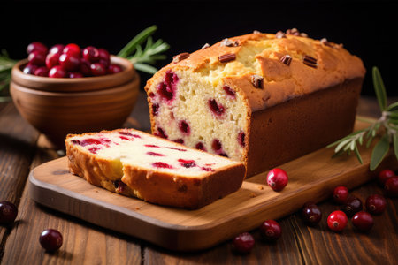 Cranberry cake with fresh cranberries and rosemary on wooden backgroundの素材
