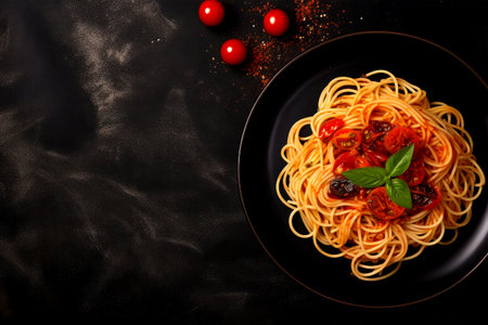 Spaghetti with tomato sauce and basil on a black background. Top view.の素材