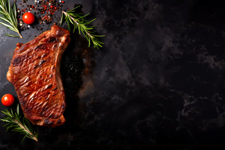 Steak with rosemary and spices on a black background. Top viewの素材